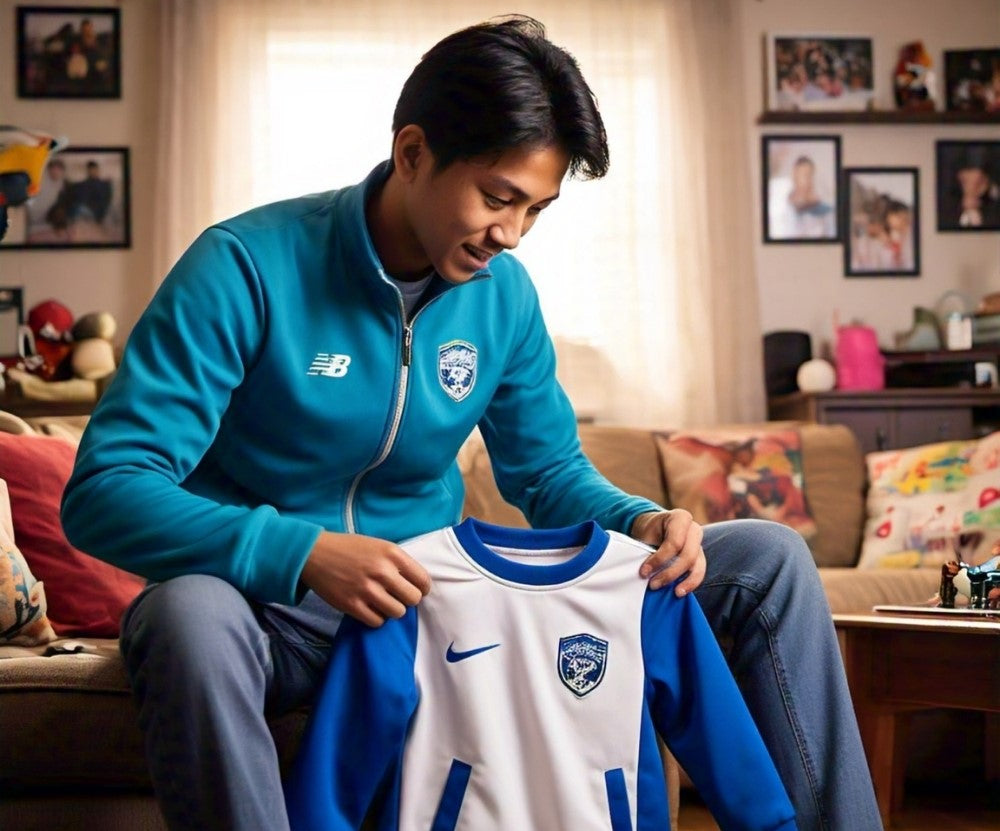 a father taking care of his kid's kids football tracksuit