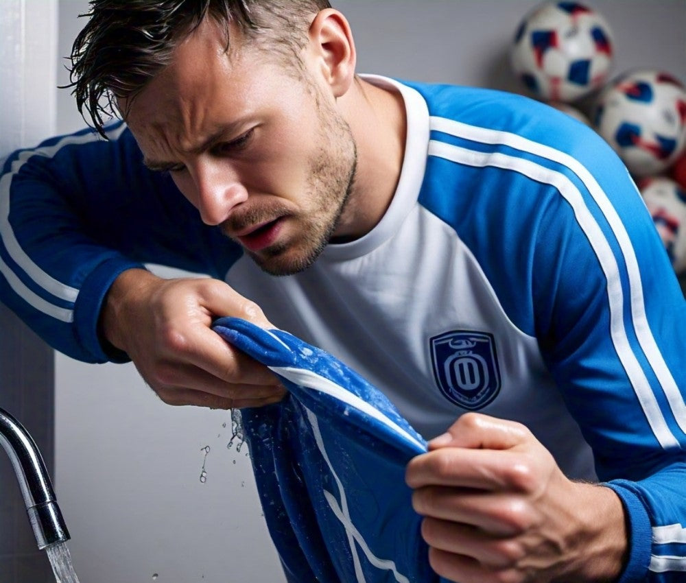 a man washing his football tracksuit