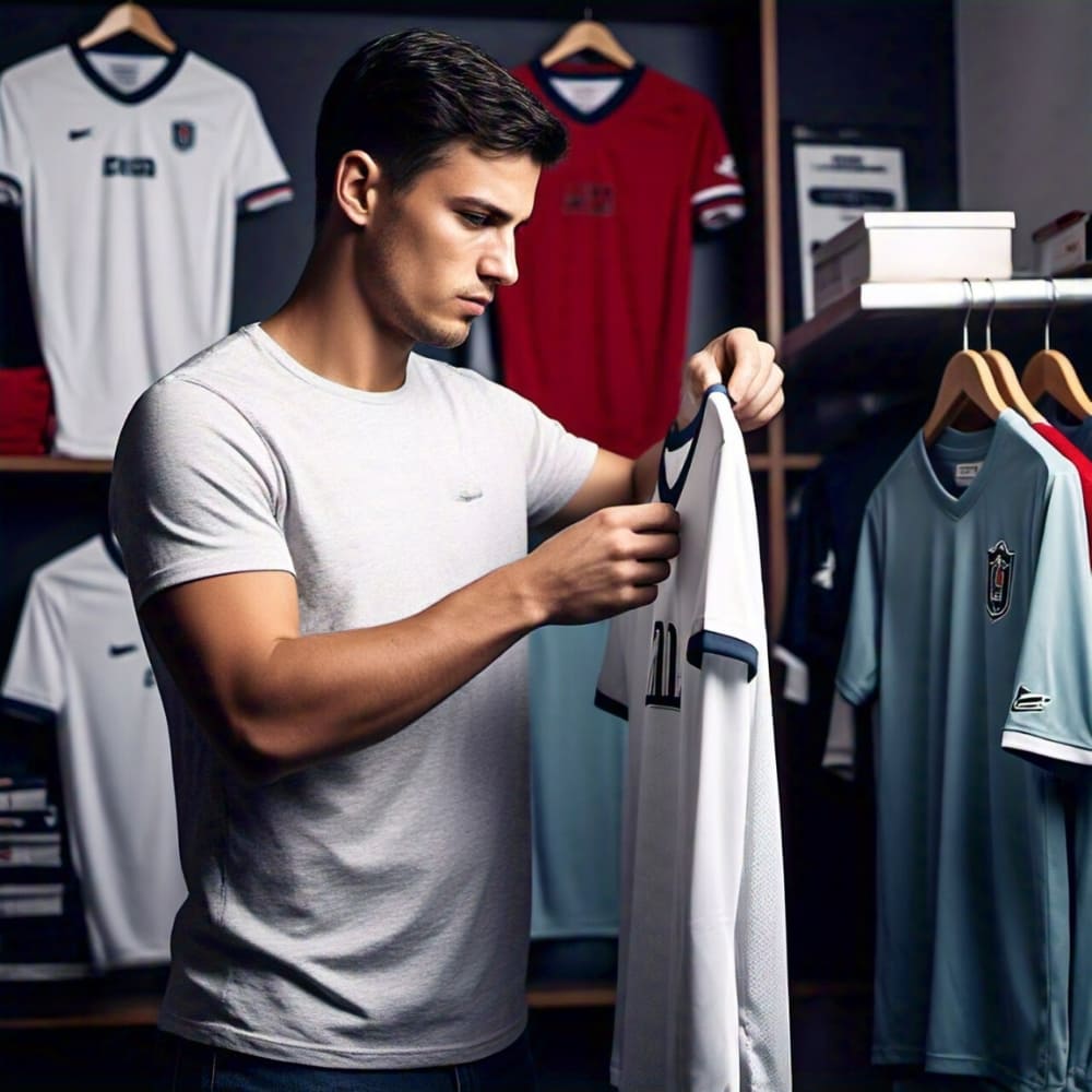 a man checking a football shirt