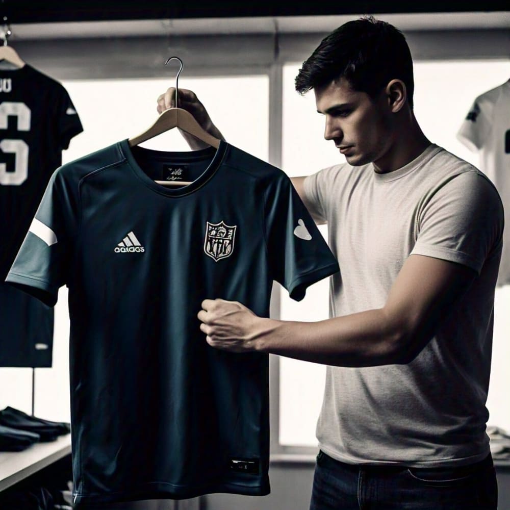 a man checking the quality of a football shirt