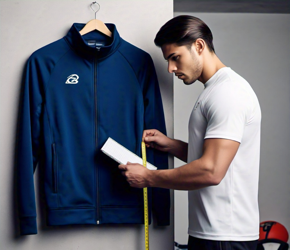 a man taking measurements for a football tracksuit