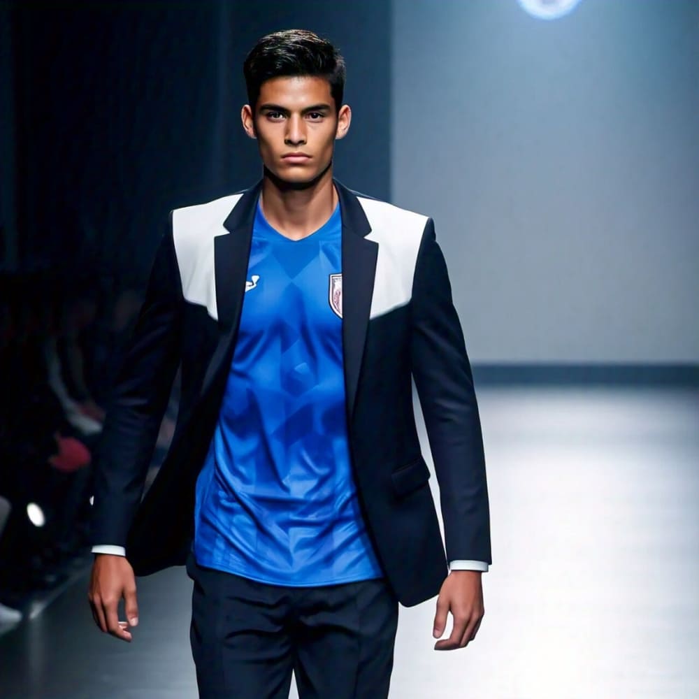 a model wearing a football shirt on a runway