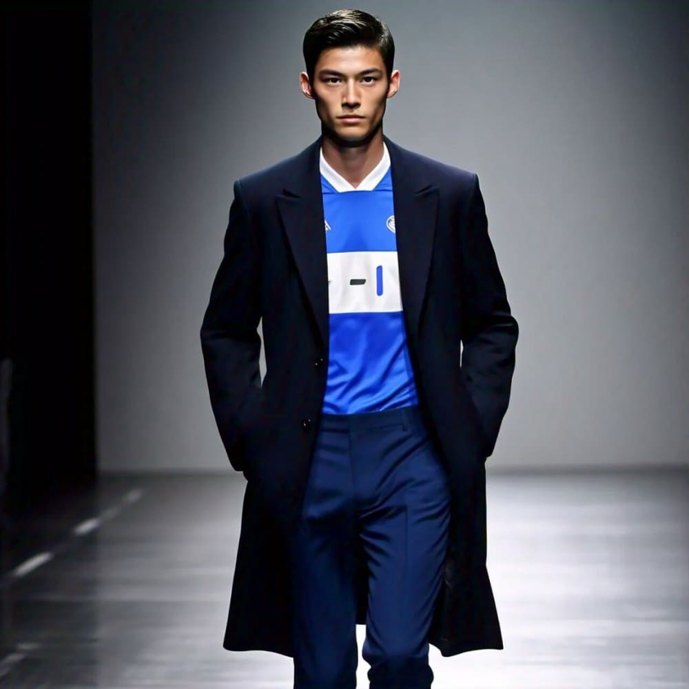 a model wearing a football shirt with a suit on a runway