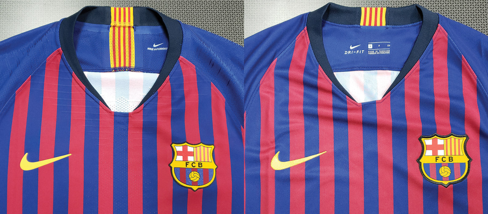 replica vs authentic barcelona football shirt