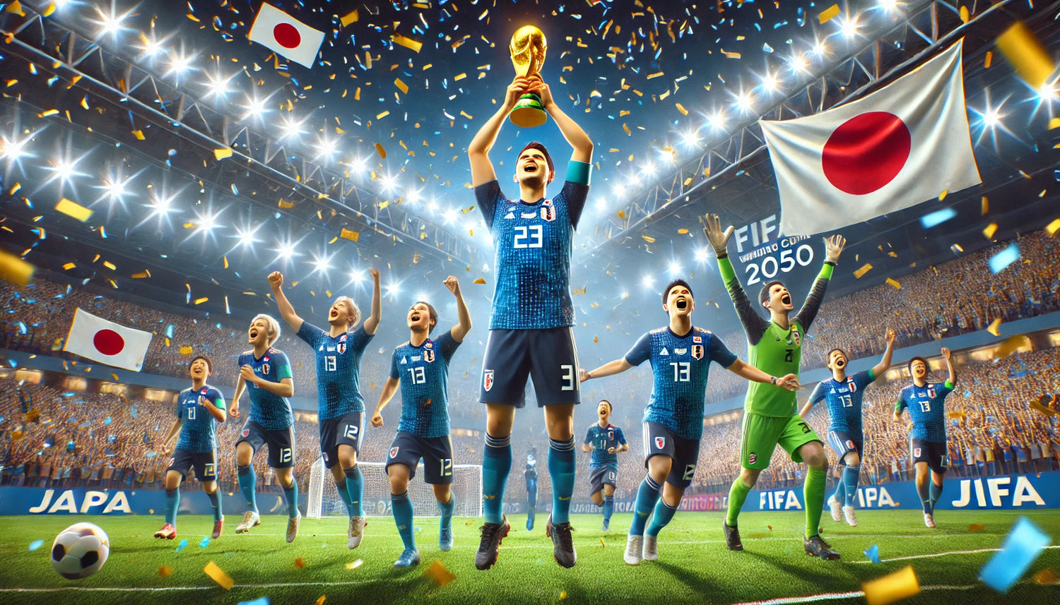 japan lifting the trophy of the 2050 soccer football world cup 