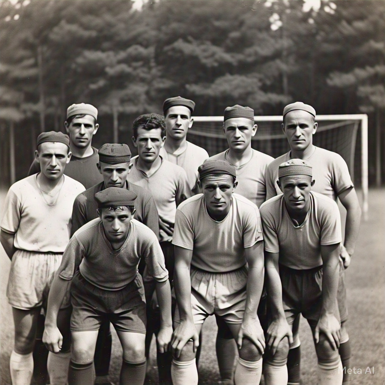 an old, black and white photo of an early football team.