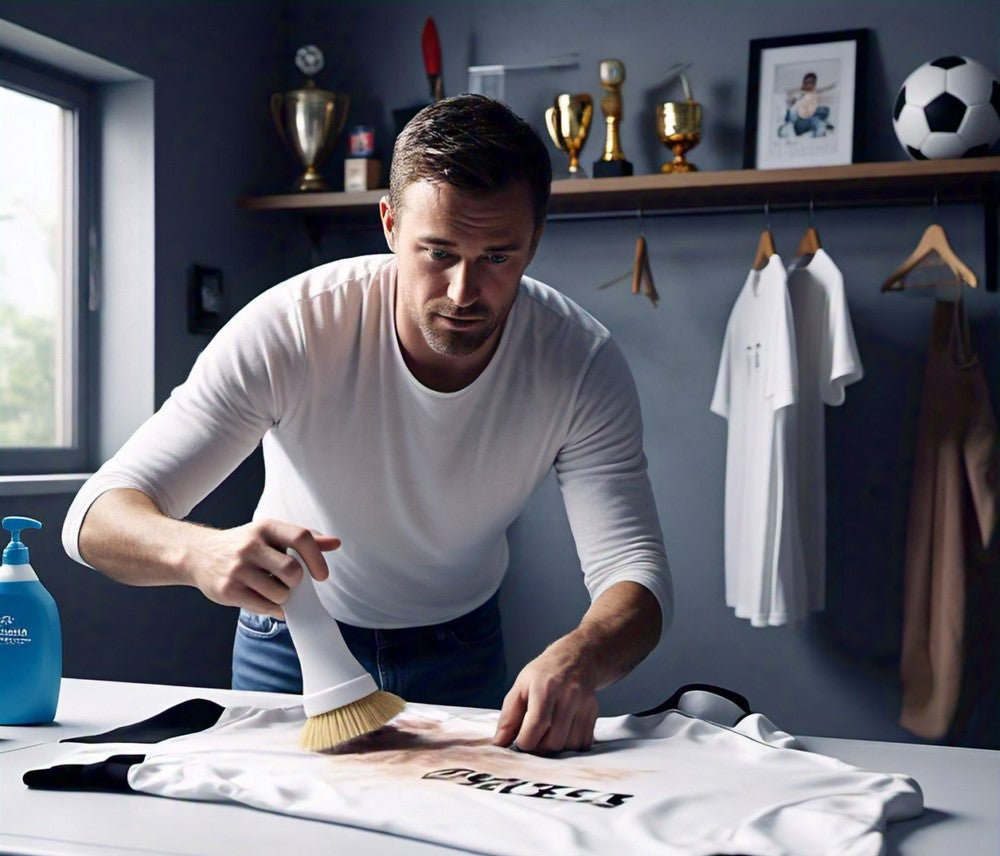 a man brushing his football shirt