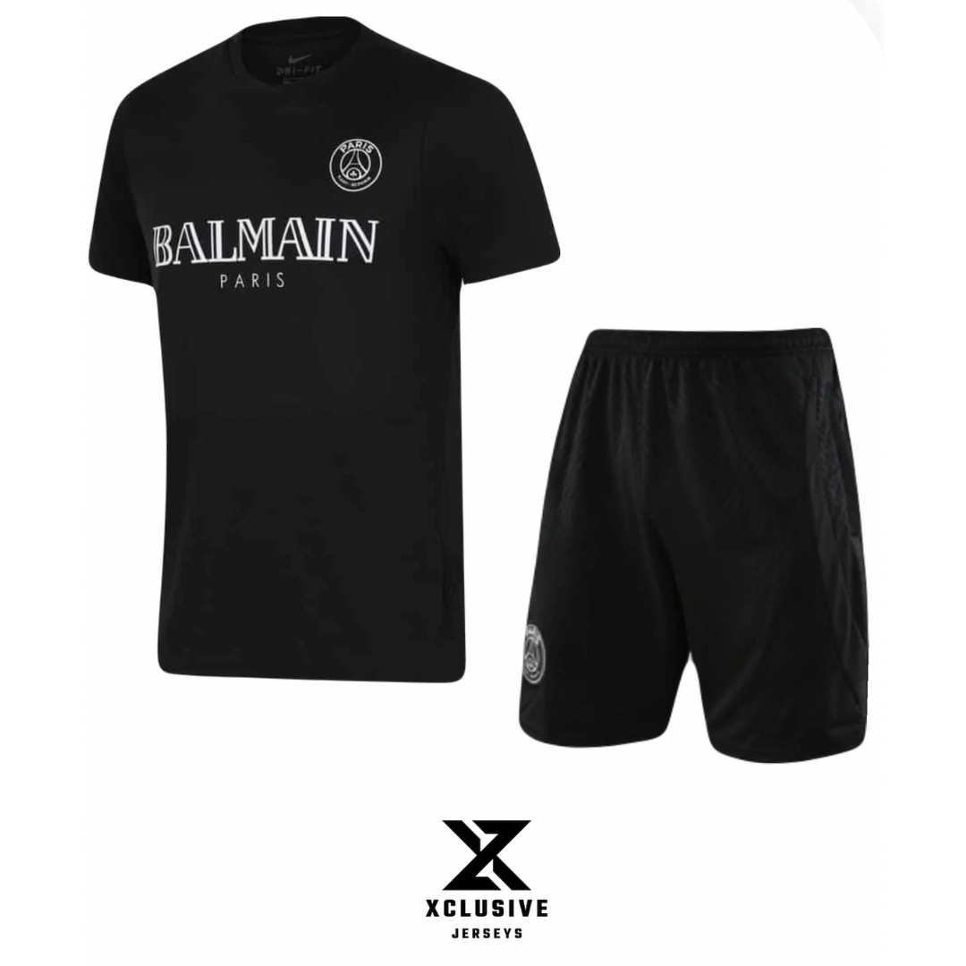 PSG x Balmain Black &amp; Grey T-shirt Shorts Summer Set