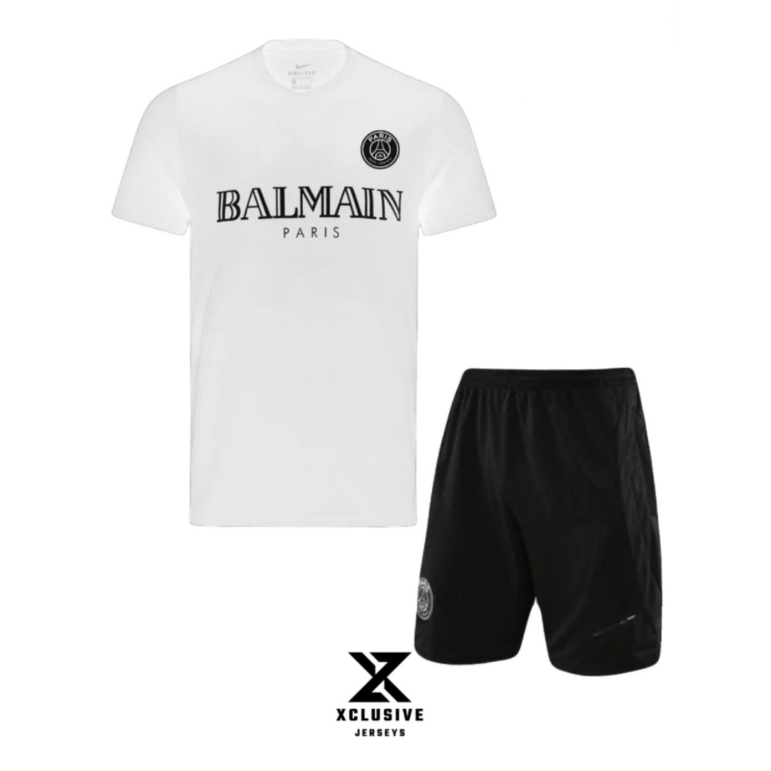 psg x balmain t shirt shorts summer set black grey PSG x Balmain T Shirt &amp; Shorts Black &amp; White Summer Set